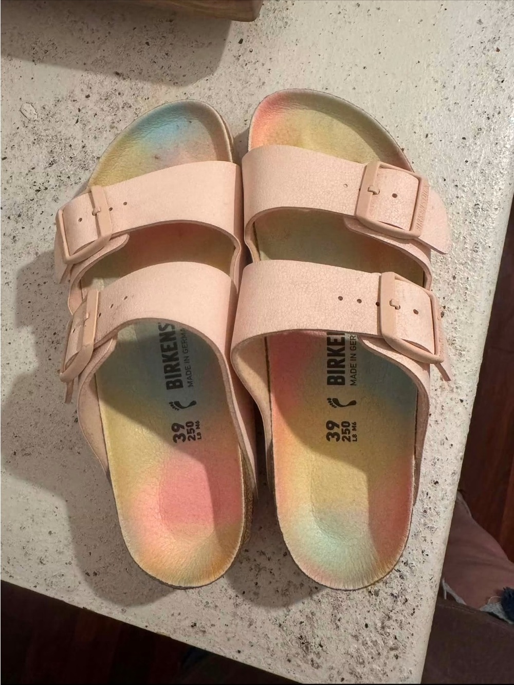 Birkenstock Arizona Pale Pink Straps with Rainbow Footbed Sandals